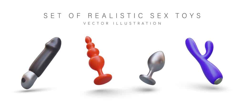 A collection of four adult toys rendered as a realistic vector illustration.