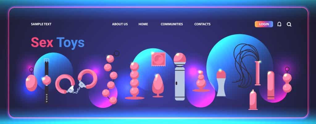 Digital illustration of various adult toys displayed on a sleek webpage design.