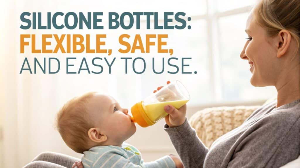 A mother feeding her baby with a flexible and safe silicone bottle, emphasizing ease of use.