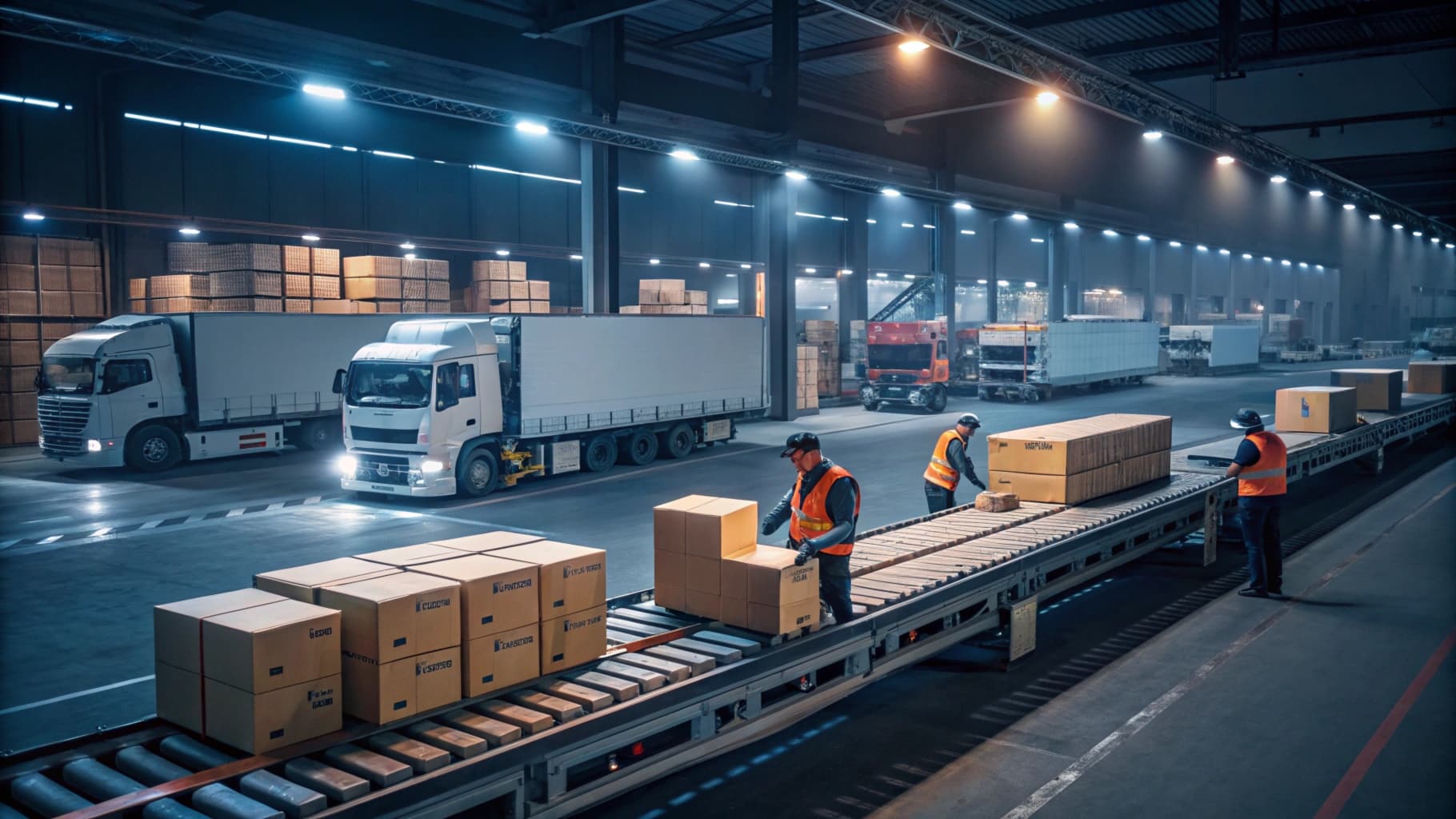 Workers sorting packages on a conveyor belt in a busy logistics hub with trucks ready for shipping