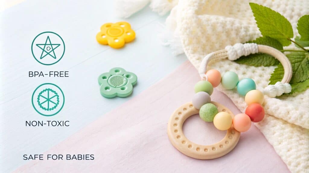 A colorful silicone teething ring and baby-safe toys with BPA-free and non-toxic certifications.