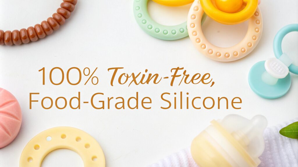 A display of colorful food-grade silicone baby products, including teethers and bottles, with a 