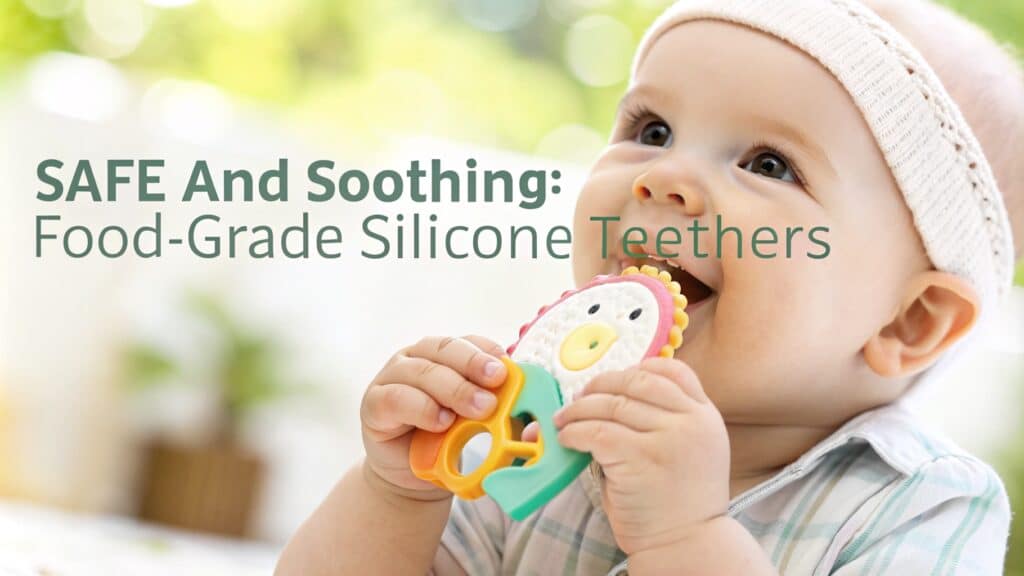 A smiling baby chewing on a colorful food-grade silicone teether with a safe and soothing design.