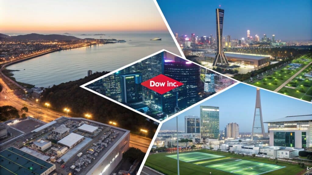 A collage showcasing Dow Inc.'s facilities and iconic cityscapes worldwide.