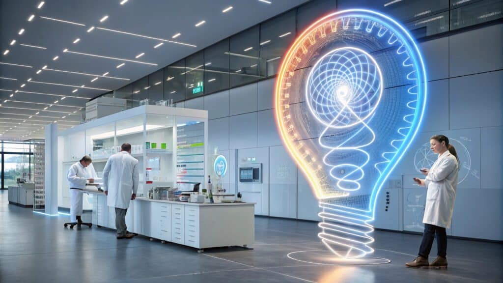 Scientists working in a futuristic lab with a glowing light bulb symbolizing innovation.