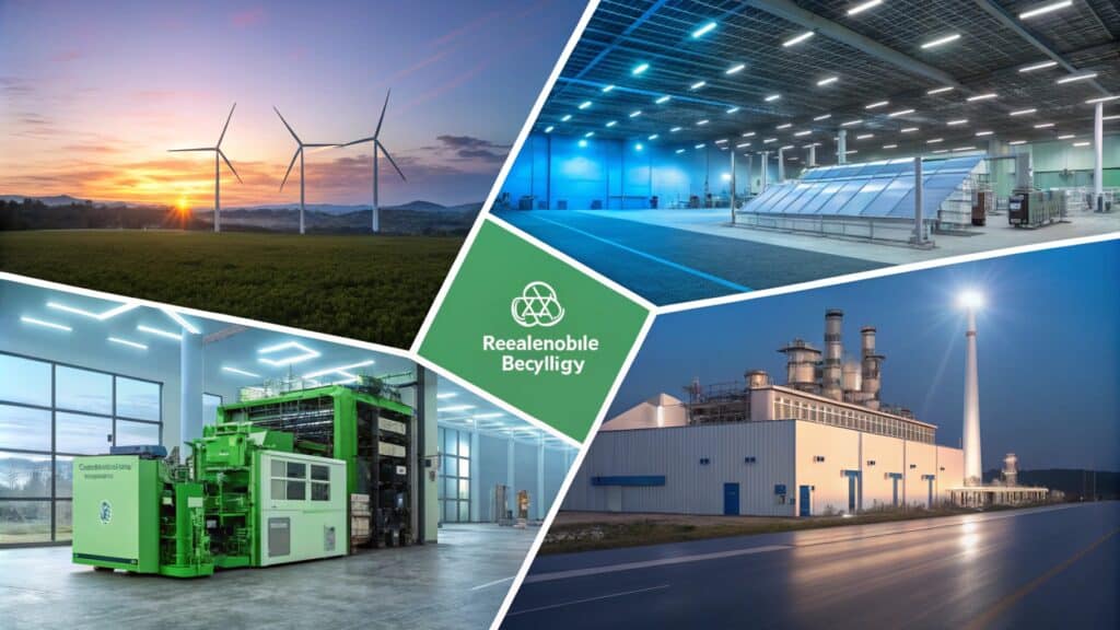 Collage of renewable energy sources, recycling facilities, and advanced manufacturing.