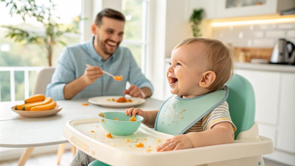 A happy baby sitting in a high chair with a bowl of food, smiling at a man in the background.