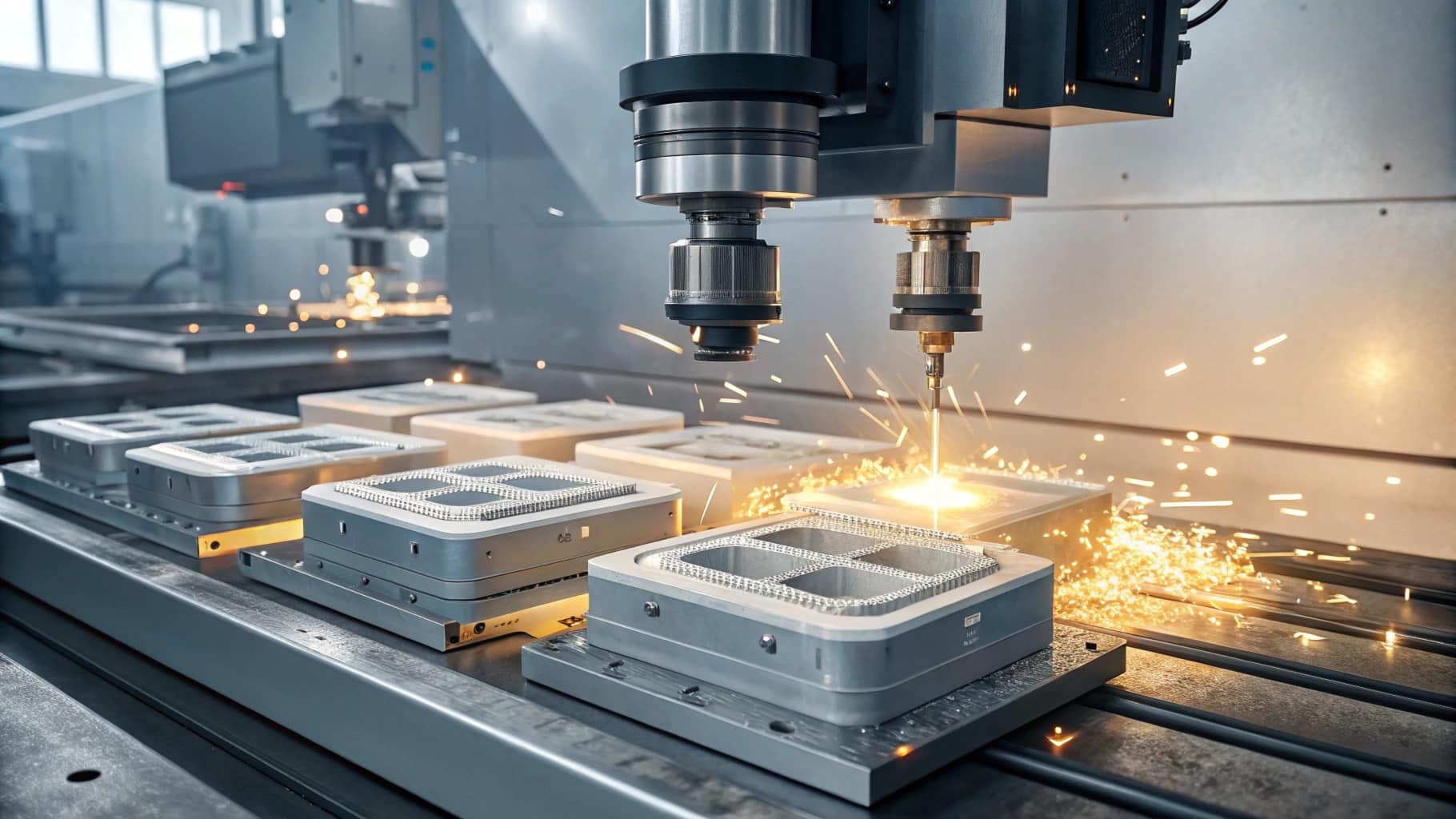 Automated CNC machines producing metal molds in a high-tech factory with sparks flying.