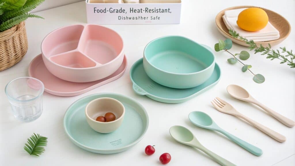 A neatly arranged set of silicone plates, bowls, and utensils, showcasing food-grade, heat-resistant, and dishwasher-safe features.