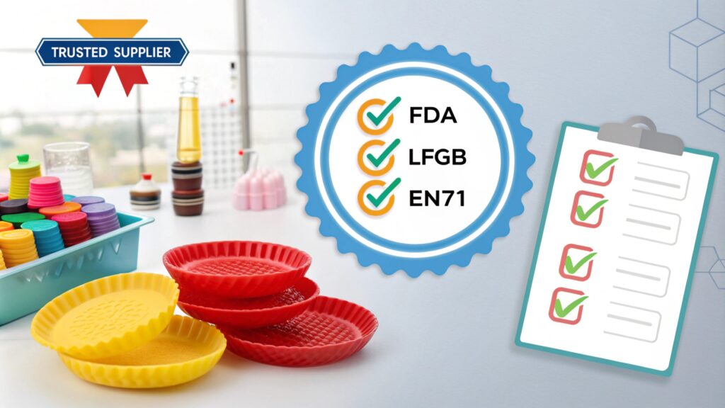 FDA, LFGB, EN71 certified silicone bakeware with trusted supplier badge.