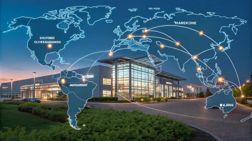 Illuminated world map overlaying a modern facility, showcasing global connections.