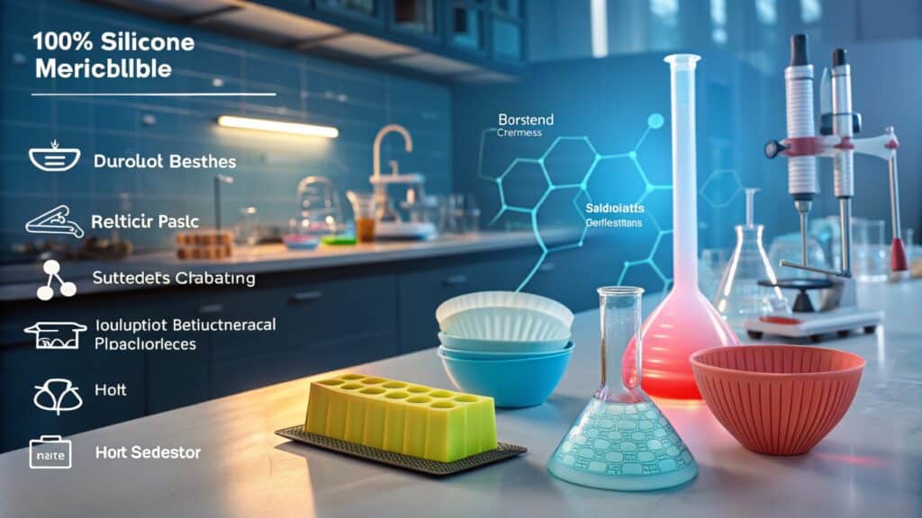 Laboratory setup showcasing silicone products and chemical formulas for innovation.