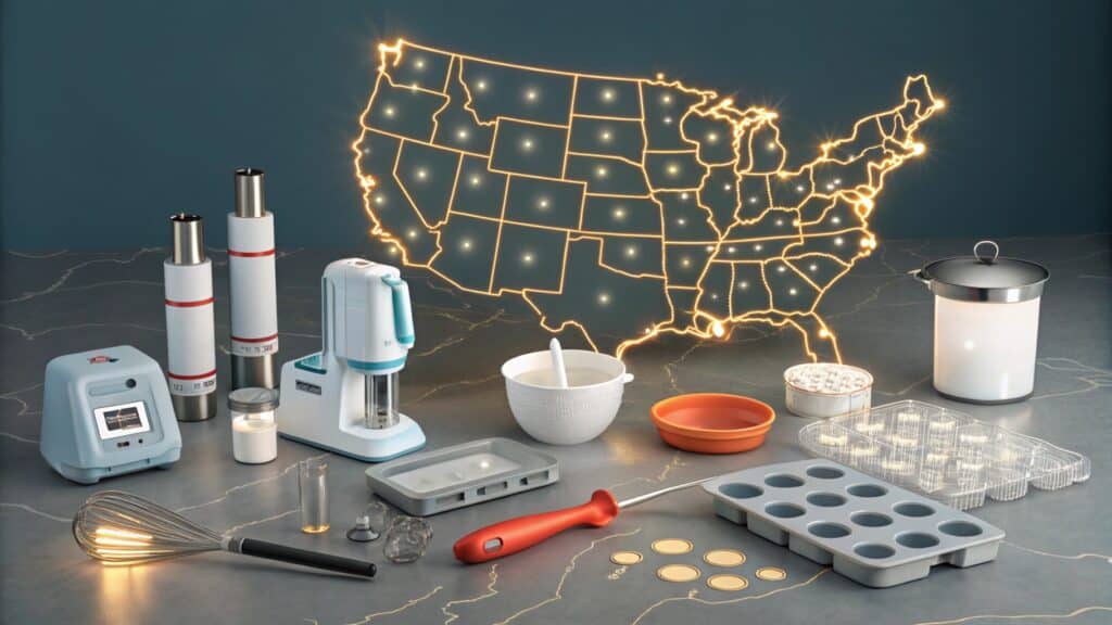 Kitchen tools and silicone bakeware with a glowing U.S. map in the background.