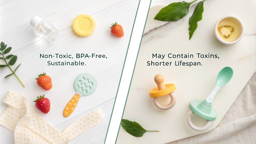 An educational comparison of non-toxic, BPA-free sustainable baby products versus items that may contain toxins and have shorter lifespans.