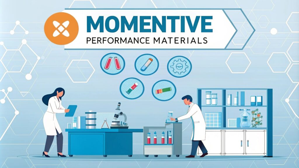 A laboratory scene depicting scientists working with equipment, showcasing the Momentive Performance Materials logo.