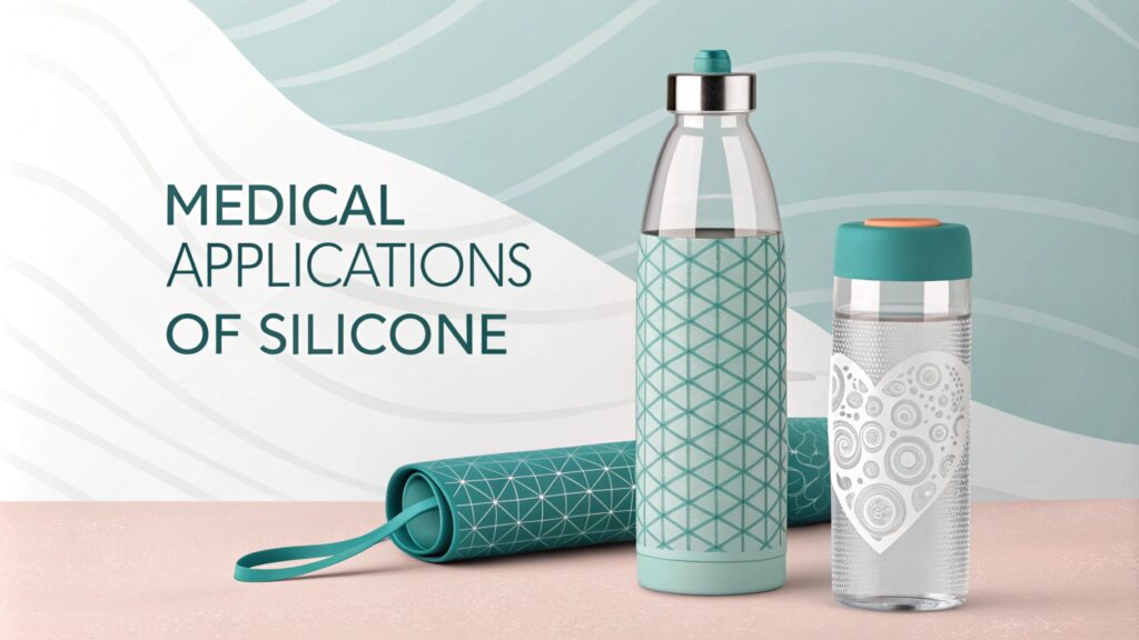 Silicone-based bottles and products with geometric patterns and designs against a wave-themed backdrop.