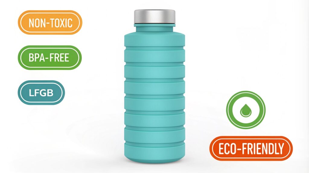 A turquoise water bottle surrounded by eco-friendly, non-toxic, and BPA-free labels.