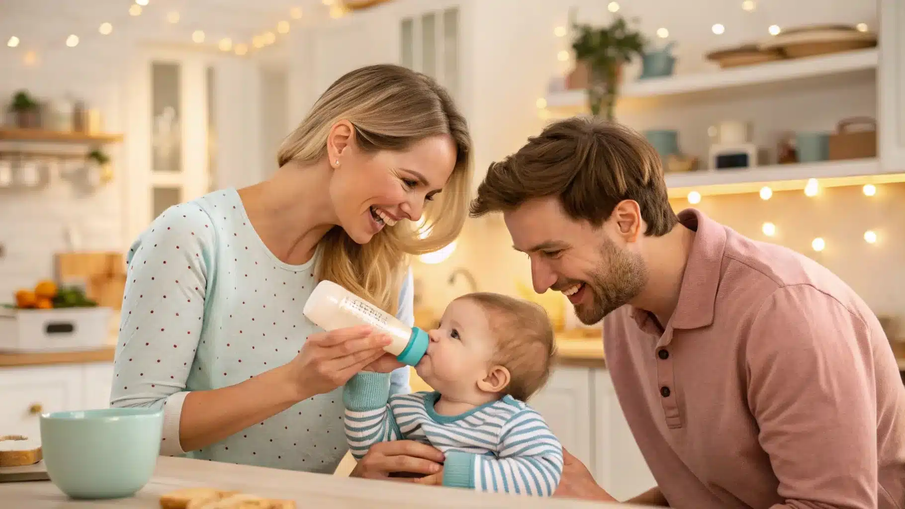 Parents feeding their baby with a bottle in a cozy kitchen.