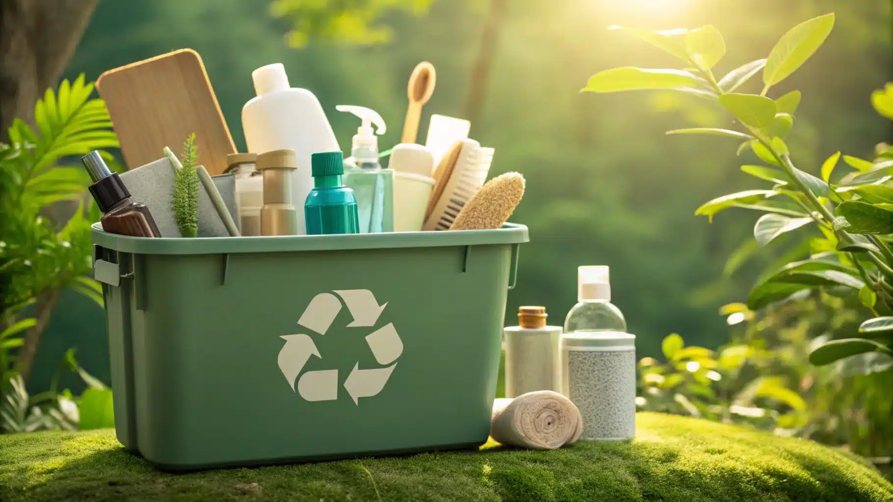 A green recycling bin filled with baby care products in a natural outdoor setting.