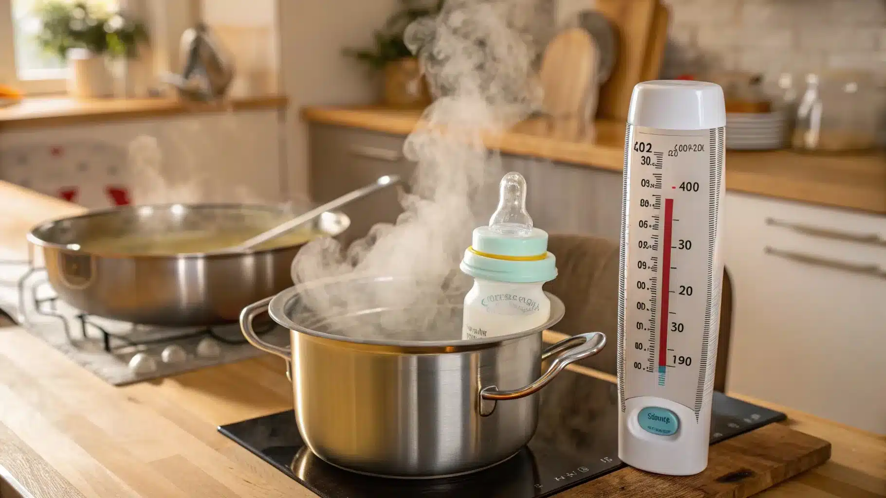 A baby bottle being sterilized in a boiling pot on the stove.