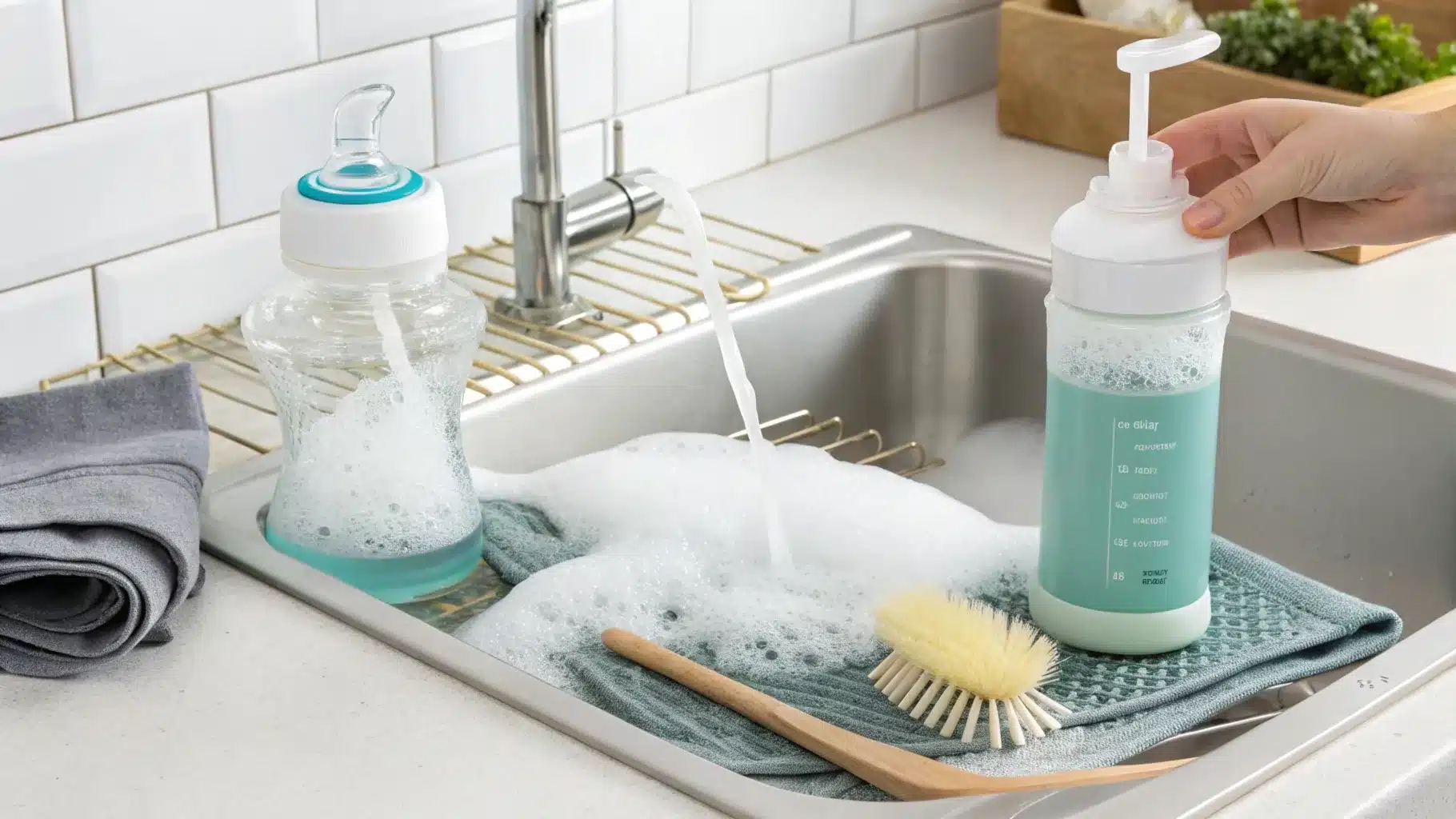 Baby bottles being cleaned in a sink with soap and brushes.