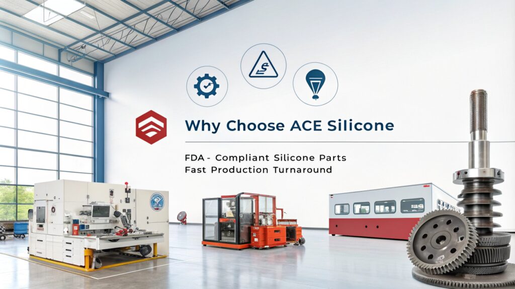  Industrial workspace promoting ACE Silicone's FDA-compliant silicone parts and fast production.