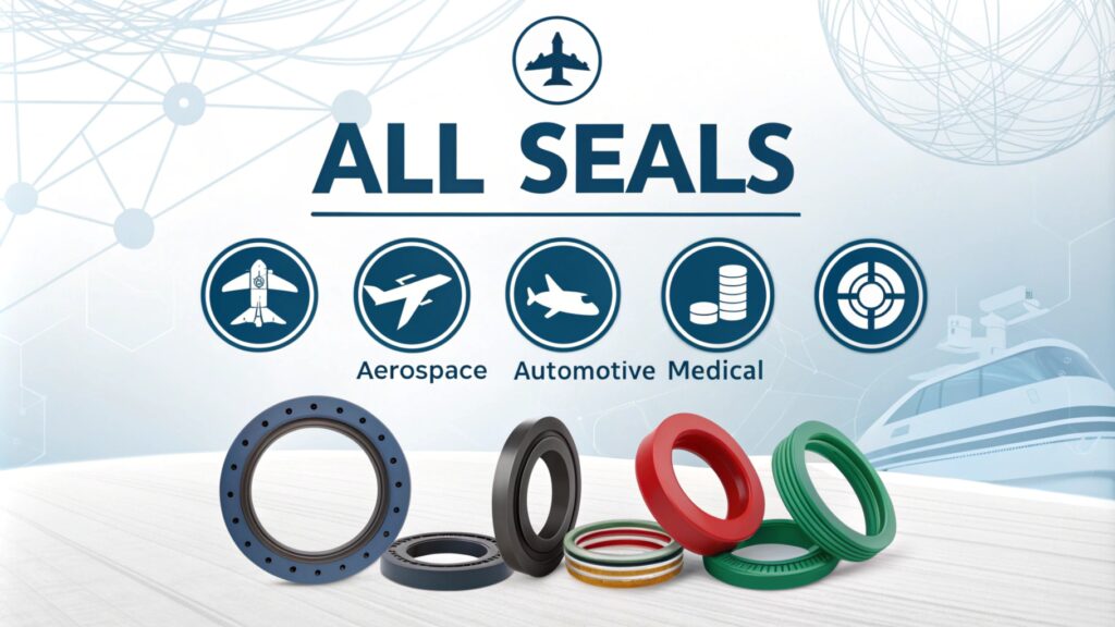 Promotional display showcasing seals for aerospace, automotive, medical, and industrial applications.