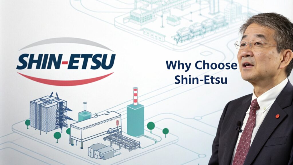 Shin-Etsu promotional image featuring an executive and industrial facility illustration.