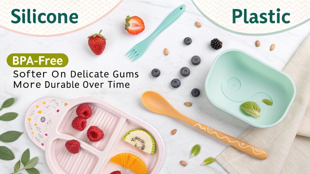 Comparison of silicone and plastic plates with fruits and utensils.