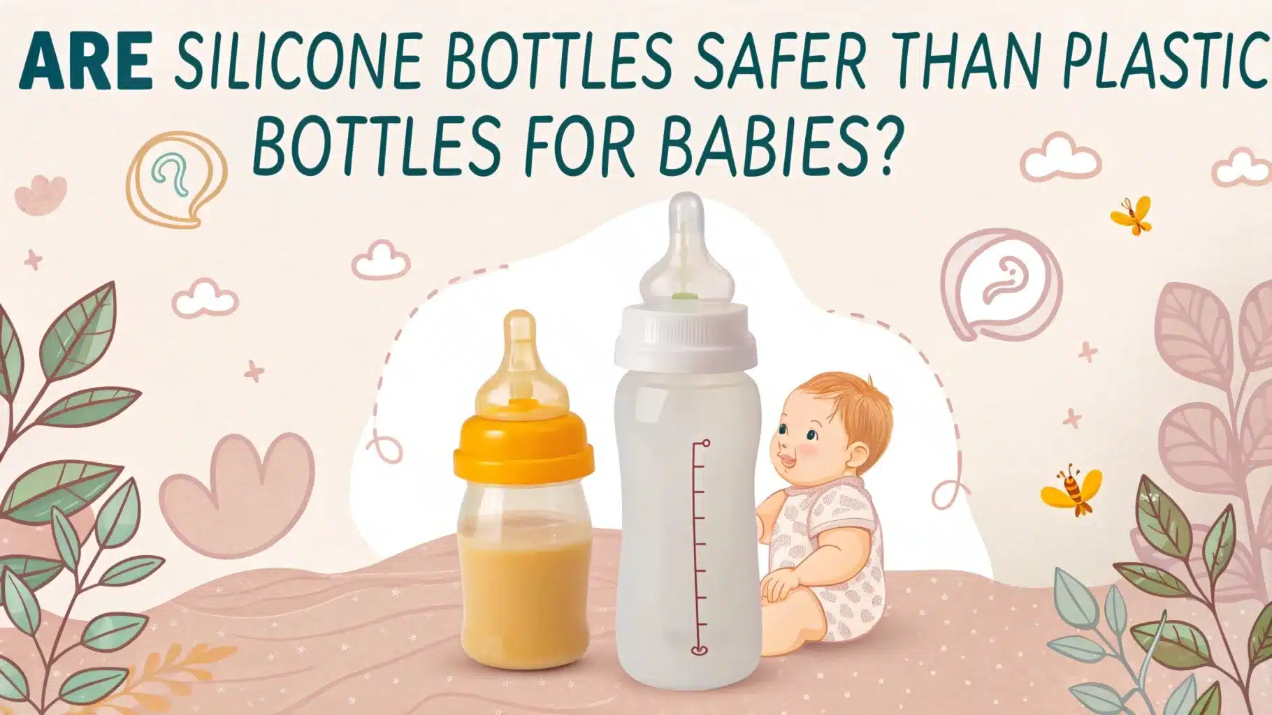 A baby with silicone and plastic baby bottles surrounded by a whimsical background.