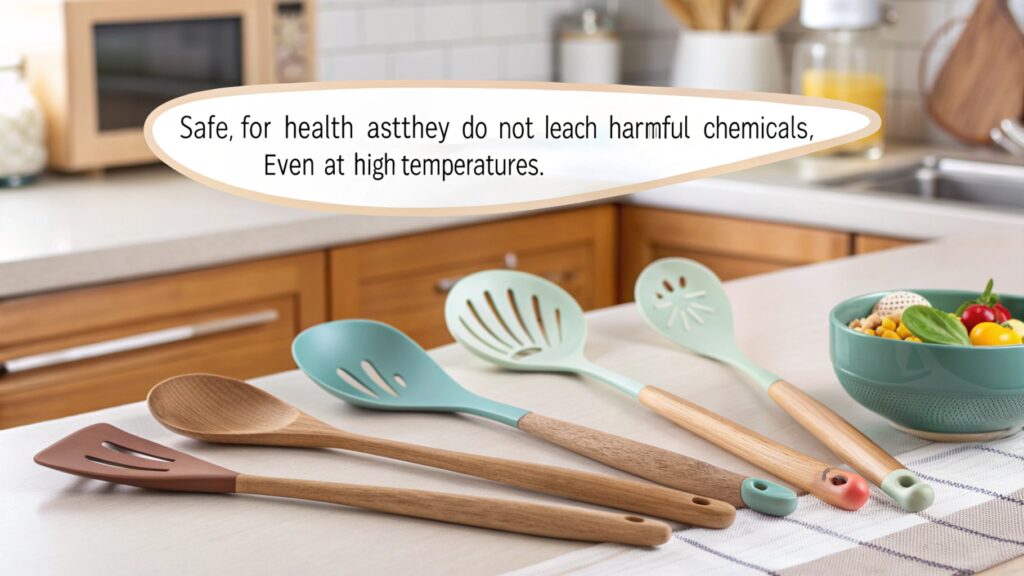 Silicone and wood utensils on a kitchen counter.