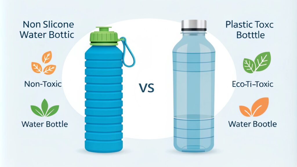 A comparison between a blue silicone water bottle and a transparent plastic bottle with labeled differences.