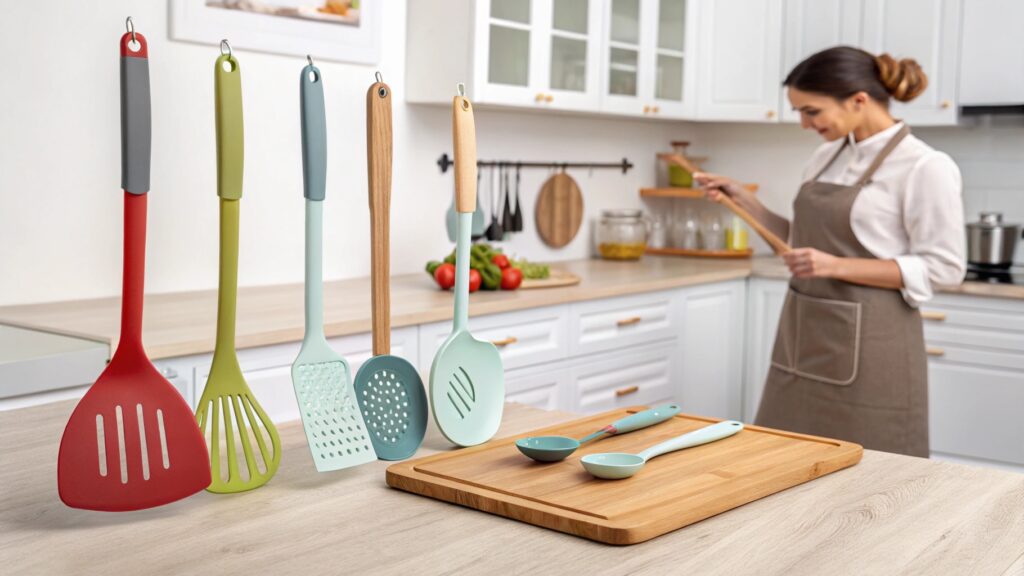 A modern kitchen with a selection of silicone utensils.