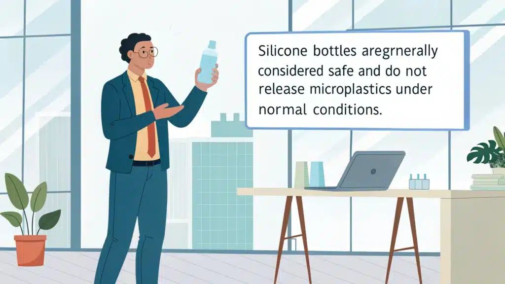 A professional presenting information about the safety of silicone bottles in an office setting.