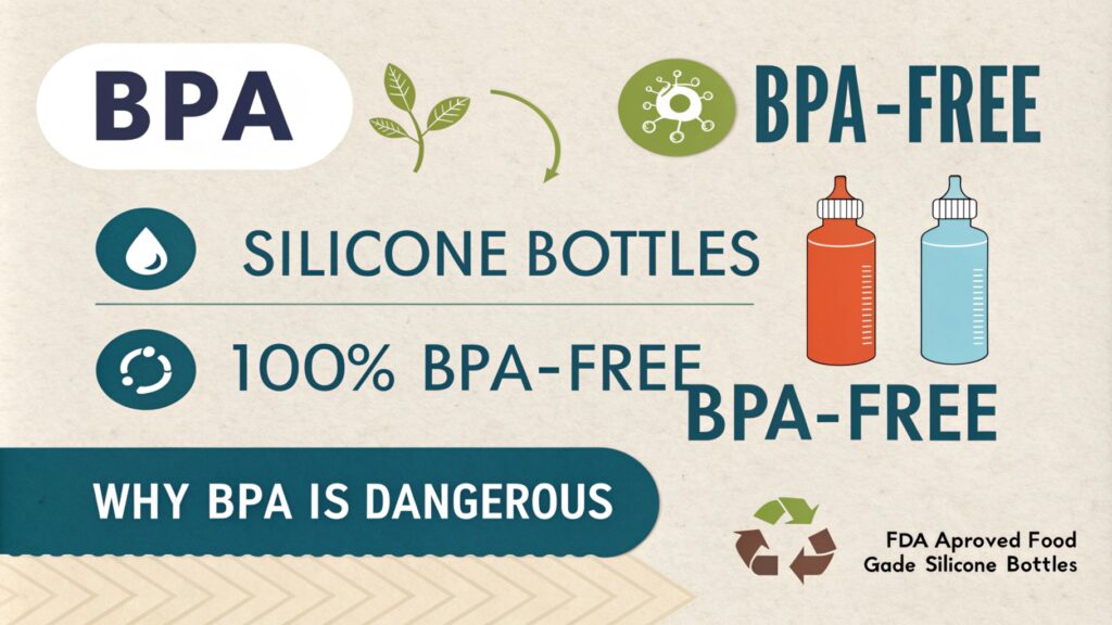 Informational graphic promoting BPA-free silicone bottles with icons and text.