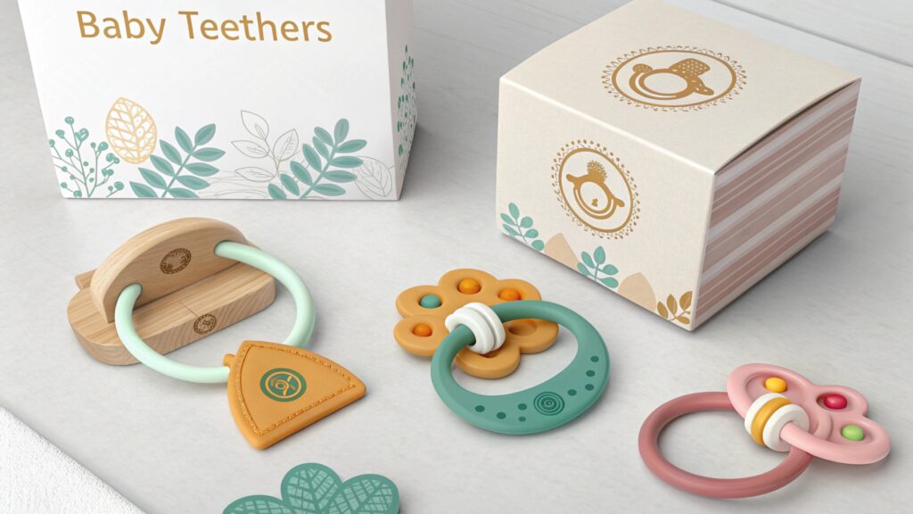 A collection of colorful baby teethers next to their packaging.