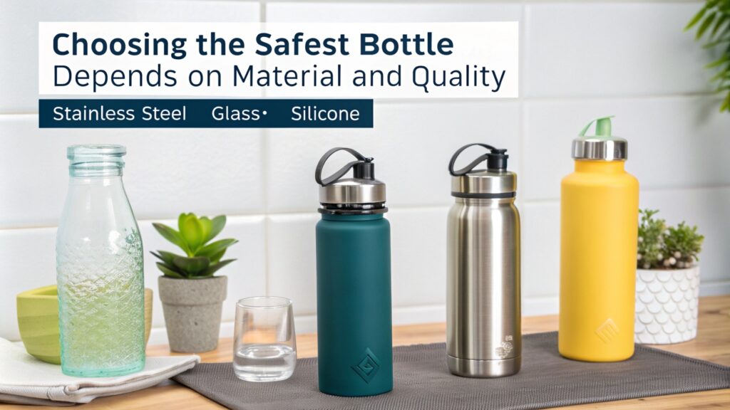 A variety of bottles—glass, stainless steel, and silicone—on a kitchen counter with a safety message.