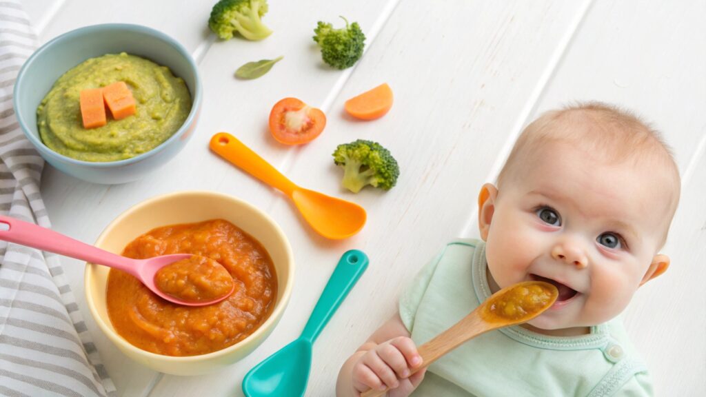 Baby enjoying puree with silicone utensils and bowls.