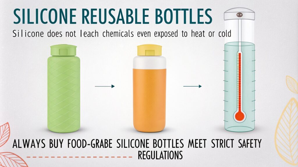 Green and orange silicone bottles with a thermometer emphasizing heat and cold safety.