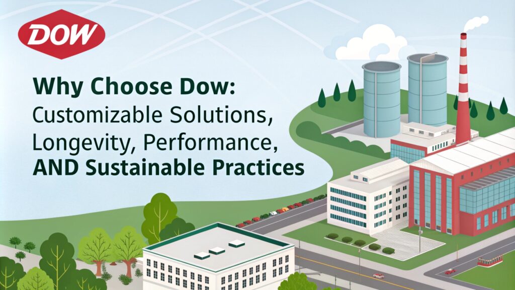 Illustration of a Dow industrial complex emphasizing sustainability and innovation.