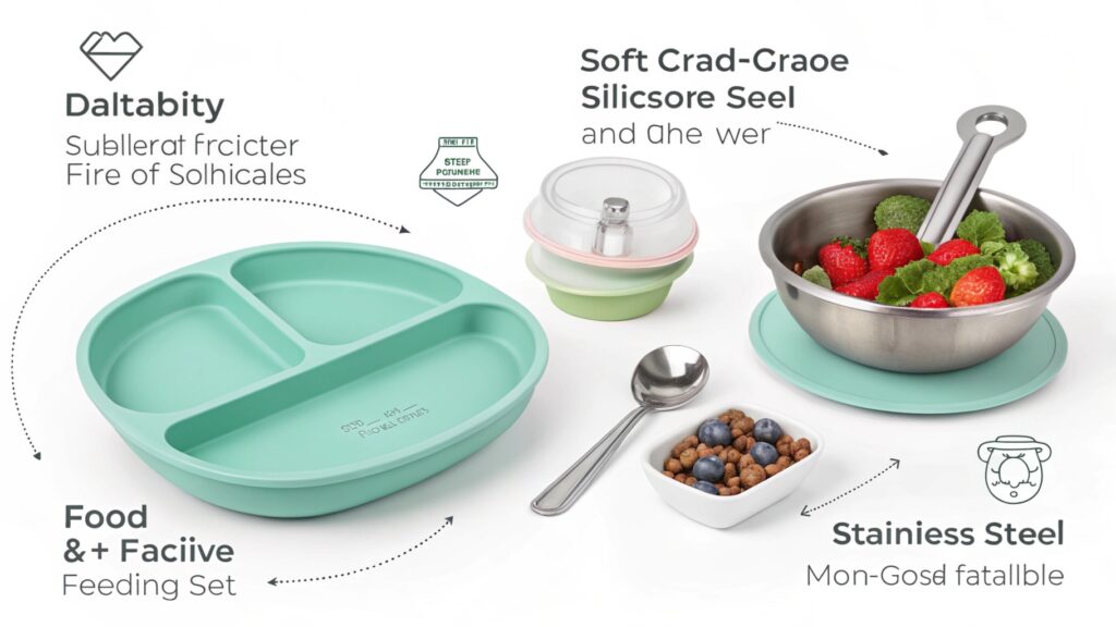 Comprehensive stainless steel and silicone feeding set for babies.