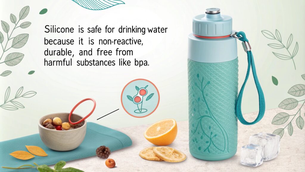 A textured turquoise silicone water bottle surrounded by fruits, leaves, and ice cubes.