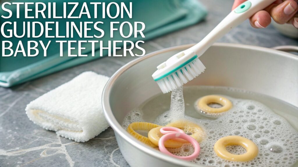 A brush cleaning baby teethers in soapy water.