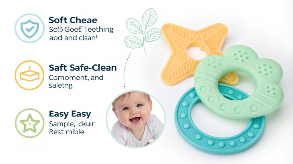 Baby teething toys with product descriptions and a baby’s smiling face.