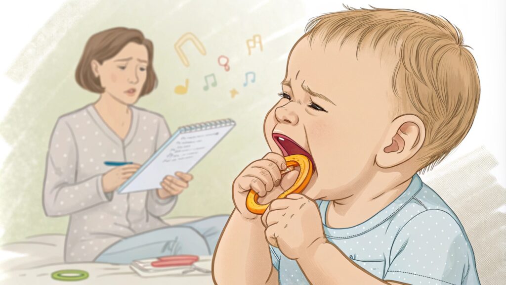 A baby chewing on a teething toy while a mother takes notes.