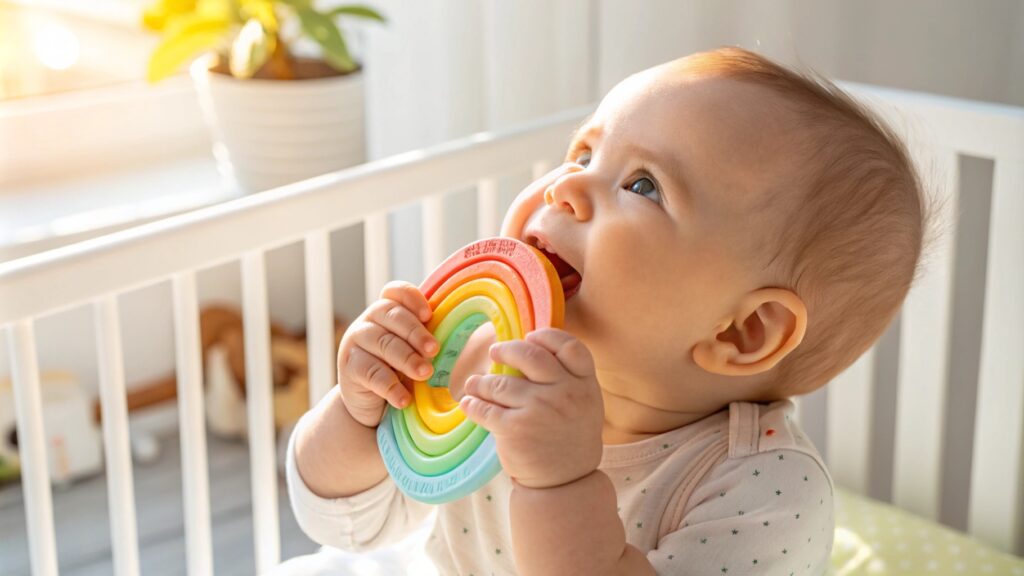 Baby chewing on a rainbow teether inside a crib