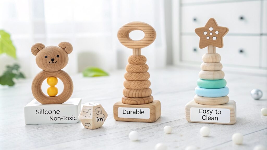 Wooden baby toys labeled non-toxic, durable, and easy to clean.