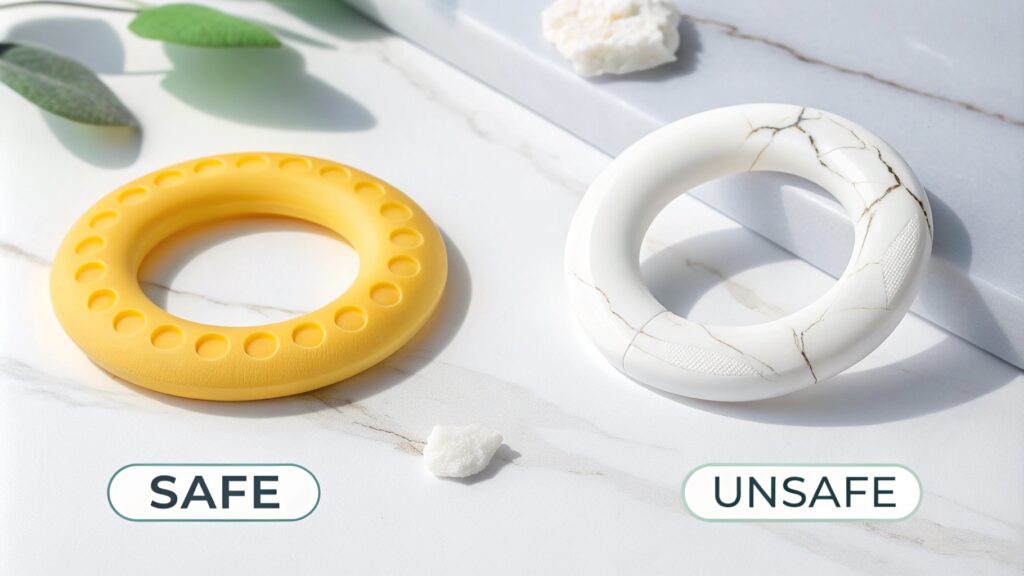 Side-by-side comparison of a safe yellow teething ring and an unsafe cracked white teething ring.