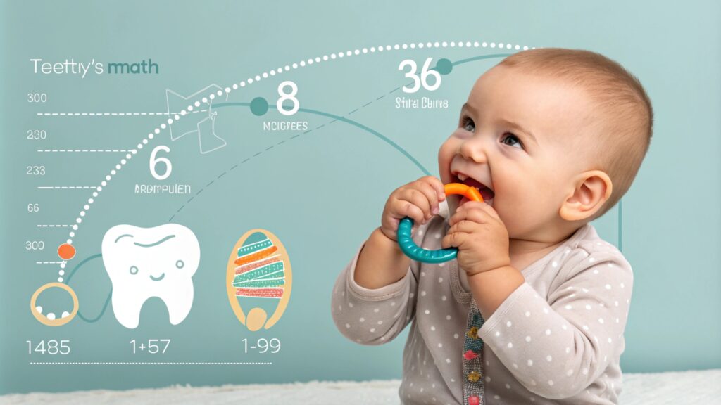  A baby chewing on a teether with an educational infographic in the background.