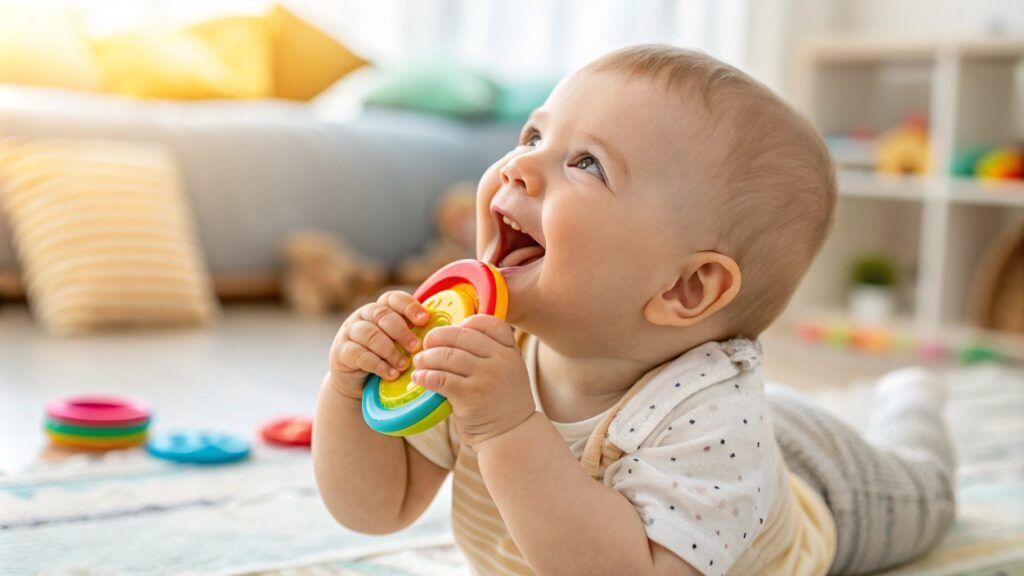 Smiling baby chewing on a colorful toy while lying on the floor.